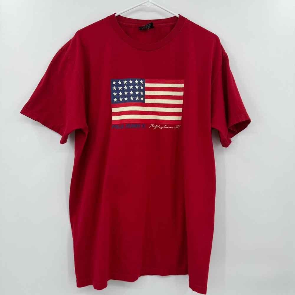 Vintage POLO JEANS CO Ralph Lauren Spell Out‎ USA Flag T Shirt 90s large